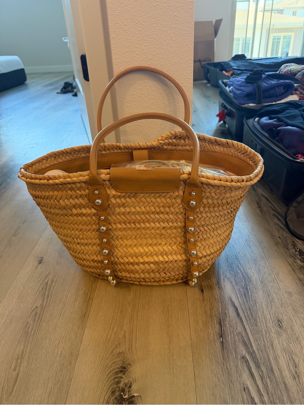 Sophia Webster Woven Straw Tote in Tan with Studded Trim leather